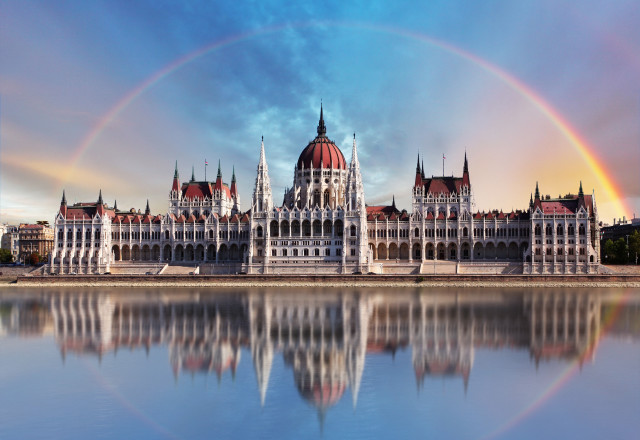 Rainbow clocktower building sky colorful free wallpaper - medium preview image