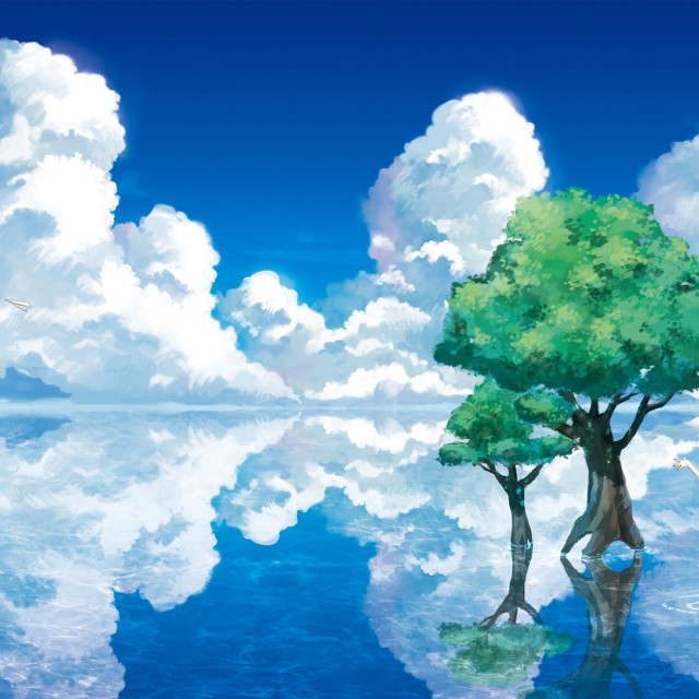 Tree lake clouds bird flying free wallpaper - medium preview image