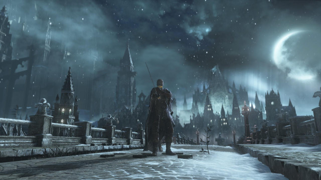 Man snowy street city night free wallpaper - medium preview image
