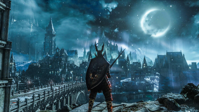 Man black suit ledged city free wallpaper - medium preview image