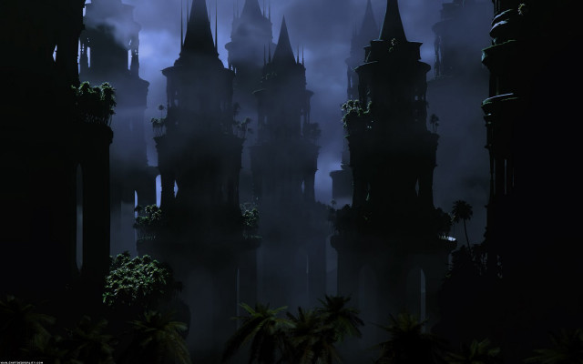 Dark castle towers foggy sky free wallpaper - medium preview image