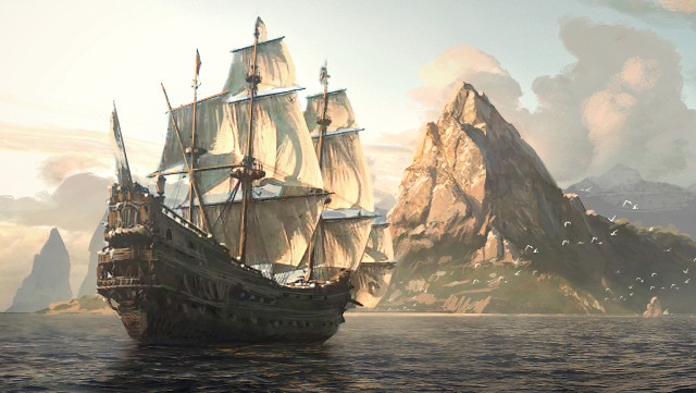 Ship ocean mountain birds flying free wallpaper - medium preview image