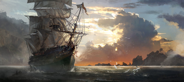 Ship ocean sunset painting clouds free wallpaper - medium preview image