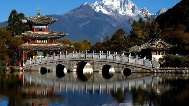 Bridge lake mountains city sky free wallpaper - medium preview image