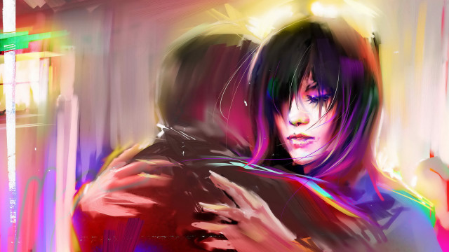 Woman hugging man colorful neon free wallpaper - medium preview image