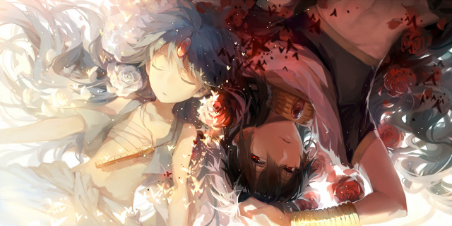 Couple women bed flowers leaves free wallpaper - medium preview image