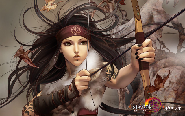 Woman holding bow arrow leaves free wallpaper - medium preview image