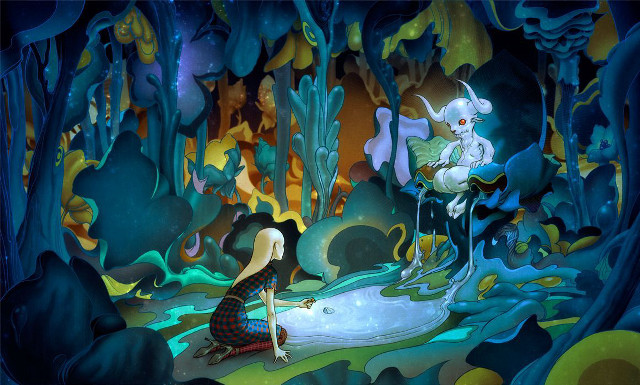Woman kneeling forest cat lap free wallpaper - medium preview image