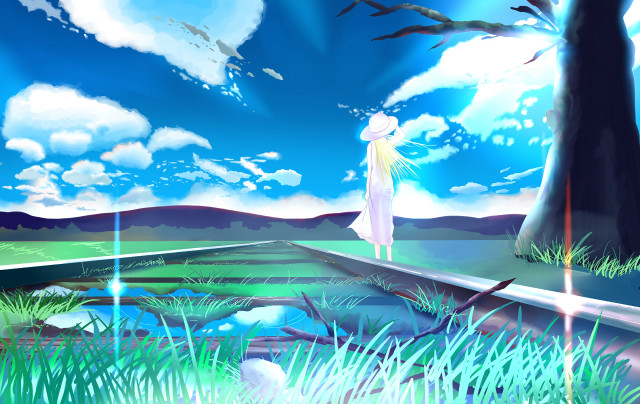 Woman bridge sky water tree free wallpaper - medium preview image