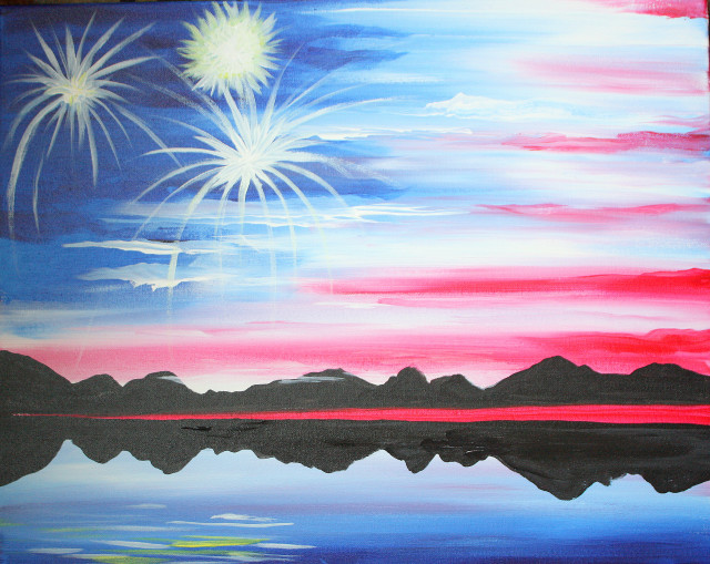 Fireworks lake mountains red sky free wallpaper - medium preview image