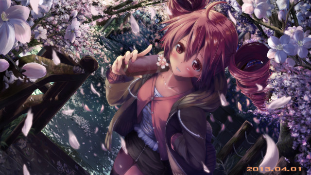 Girl ponytail tree flowers bird free wallpaper - medium preview image