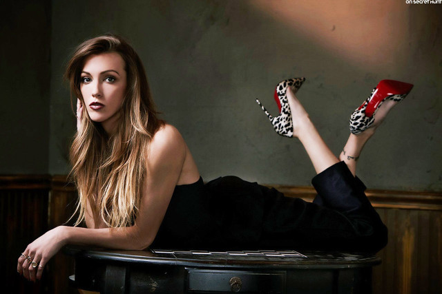 Woman laying table red shoes free wallpaper - medium preview image