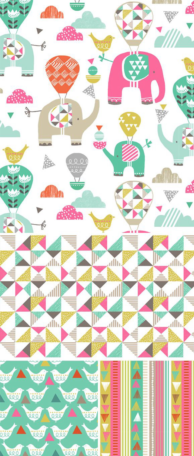 Colorful elephants hearts bird pattern free wallpaper - medium preview image