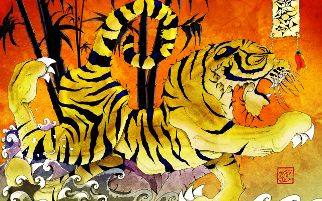 Tiger dragon red background painting free wallpaper - medium preview image