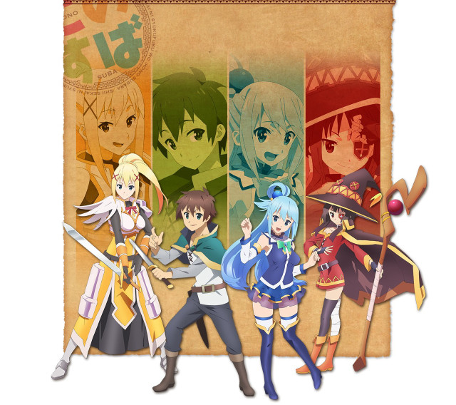 Anime characters group banner words free wallpaper - medium preview image