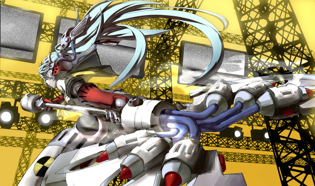 Robot gun crane yellow background free wallpaper - medium preview image