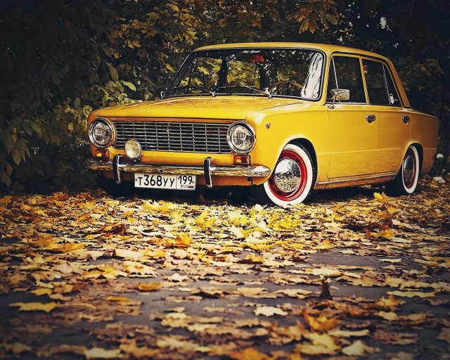 Yellow car parked leaves trees free wallpaper - medium preview image