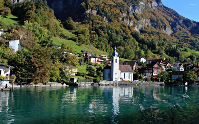 Village lake mountains trees church #2 free wallpaper - medium preview image