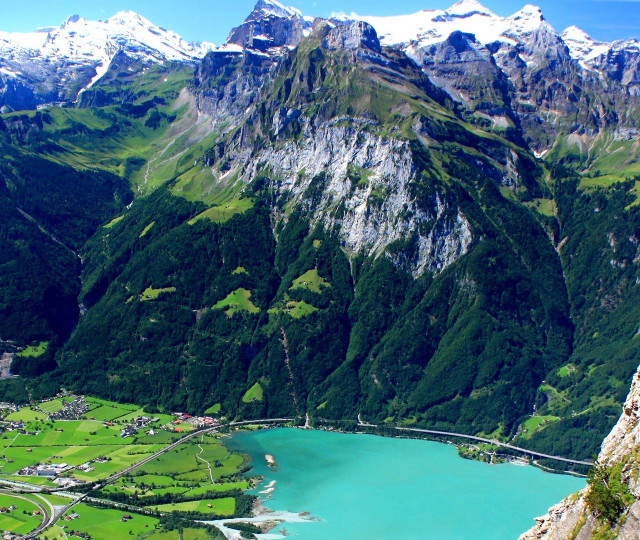 Mountain lake bridge valley forest free wallpaper - medium preview image