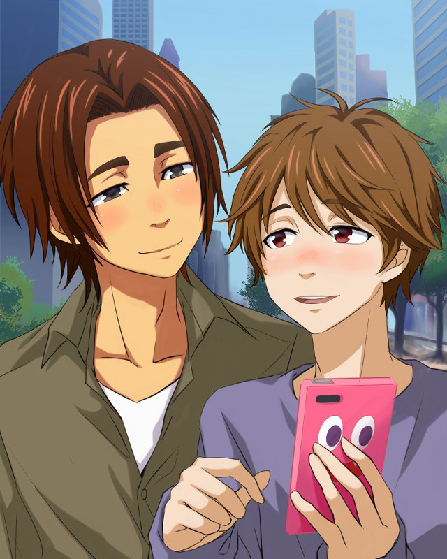 Couple looking cellphone city street free wallpaper - medium preview image