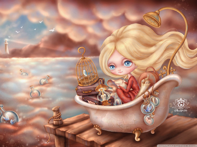 Blonde girl bathtub bird cage free wallpaper - medium preview image