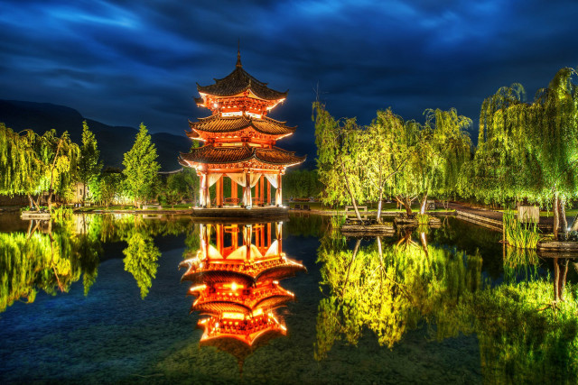Pagoda night sky pond trees #2 free wallpaper - medium preview image