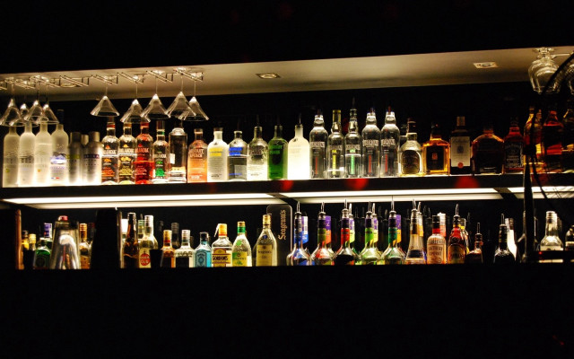 Bar bottles liquor shelves lights free wallpaper - medium preview image