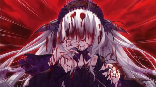 Woman white hair blood face #2 free wallpaper - medium preview image