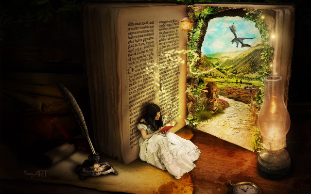 Girl sitting dinosaur book fantasy free wallpaper - medium preview image