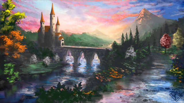 Castle bridge river mountains sunset free wallpaper - medium preview image