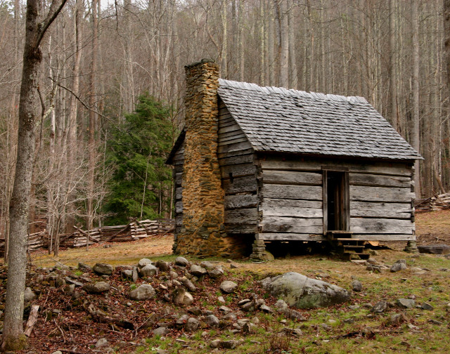Log cabin woods stone chimney free wallpaper - medium preview image