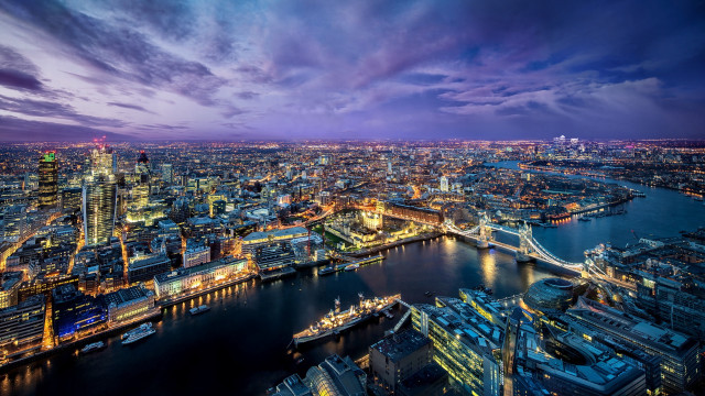Cityscape river bridge night purple free wallpaper - medium preview image