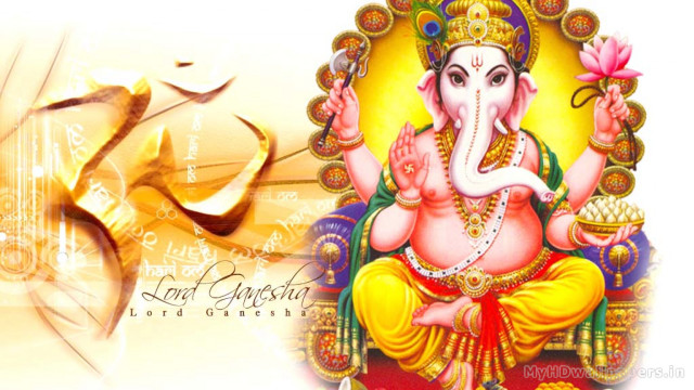 Ganesha lotus calligraphy painting artwork free wallpaper - medium preview image