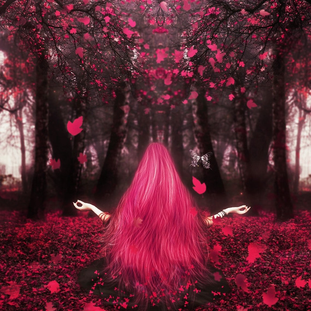 Woman pink hair forest butterflies free wallpaper - medium preview image