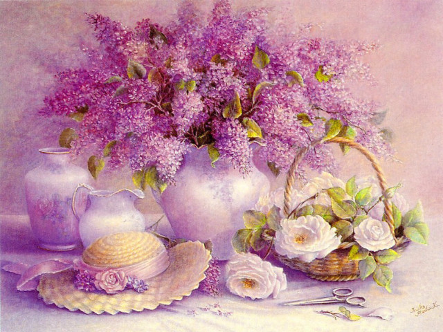 Lilacs basket flowers table hat free wallpaper - medium preview image