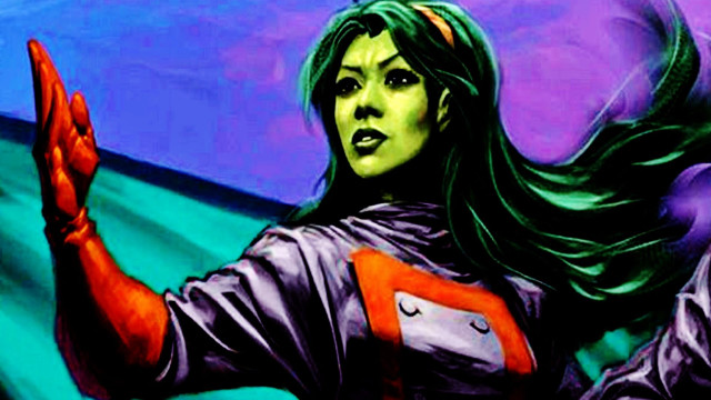 Woman green hair red shirt free wallpaper - medium preview image