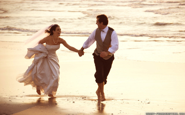 Bride groom walking beach holding free wallpaper - medium preview image