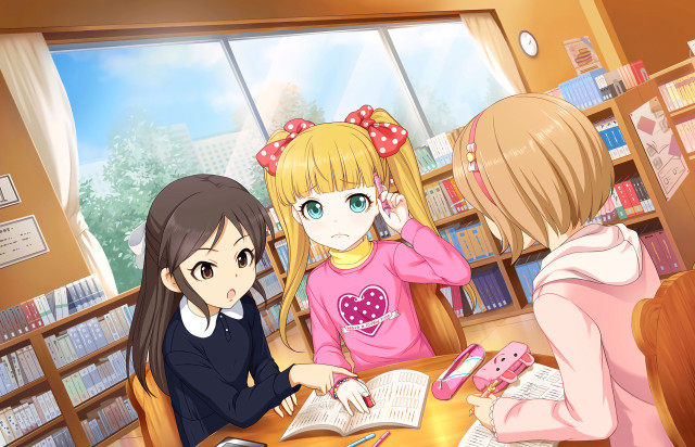 Girls library reading talking phone free wallpaper - medium preview image