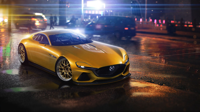 Yellow sports car wet street free wallpaper - medium preview image