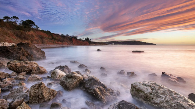 Rocky beach sunset pink sky #2 free wallpaper - medium preview image