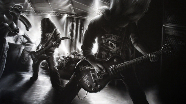 Man playing guitar skeleton woman free wallpaper - medium preview image