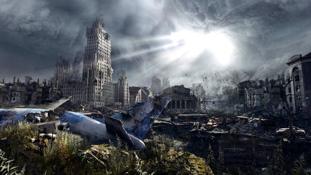Destroyed city plane building sunburst free wallpaper - medium preview image