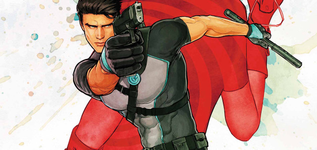 Man red cape gun pointing free wallpaper - medium preview image