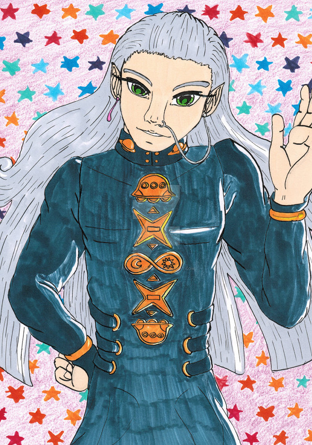 Woman whitehair greeneyes blueoutfit star free wallpaper - medium preview image