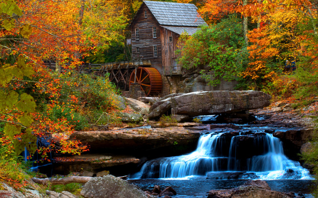 Waterfall wooden mill fall foliage free wallpaper - medium preview image