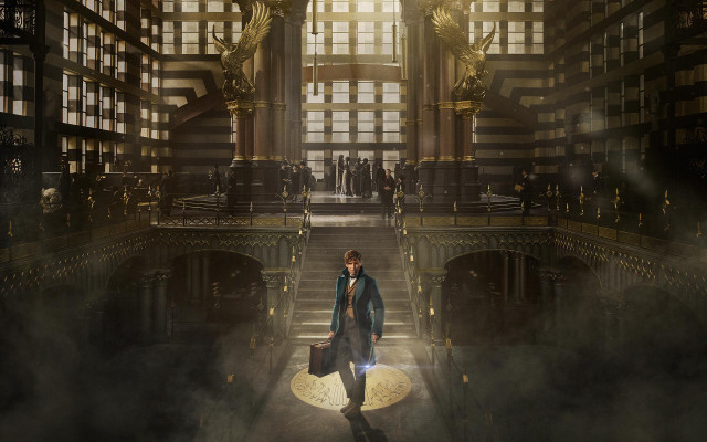 Man blue coat walking hall free wallpaper - medium preview image