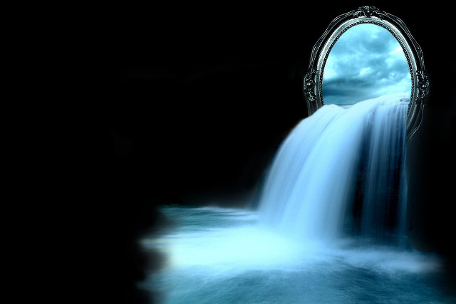 Waterfall mirror reflection sky clouds free wallpaper - medium preview image