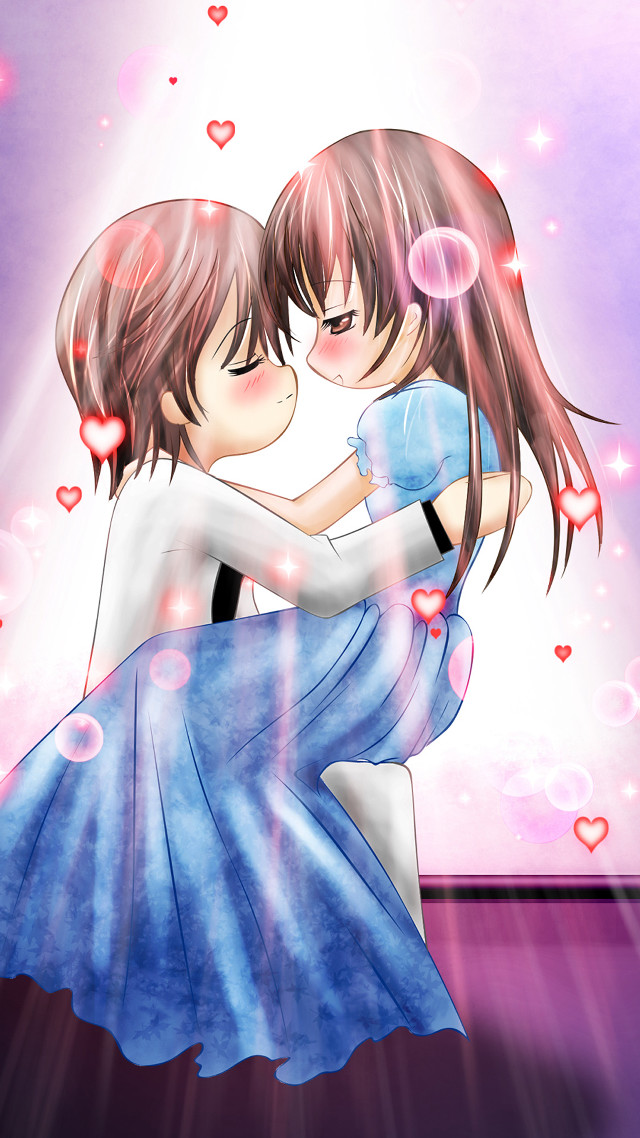 Anime couple hugging purple hearts free wallpaper - medium preview image