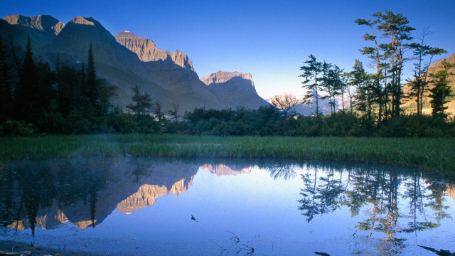Lake mountains trees blue sky free wallpaper - medium preview image