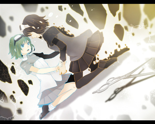 Anime couple kissing scissors blackwhite free wallpaper - medium preview image